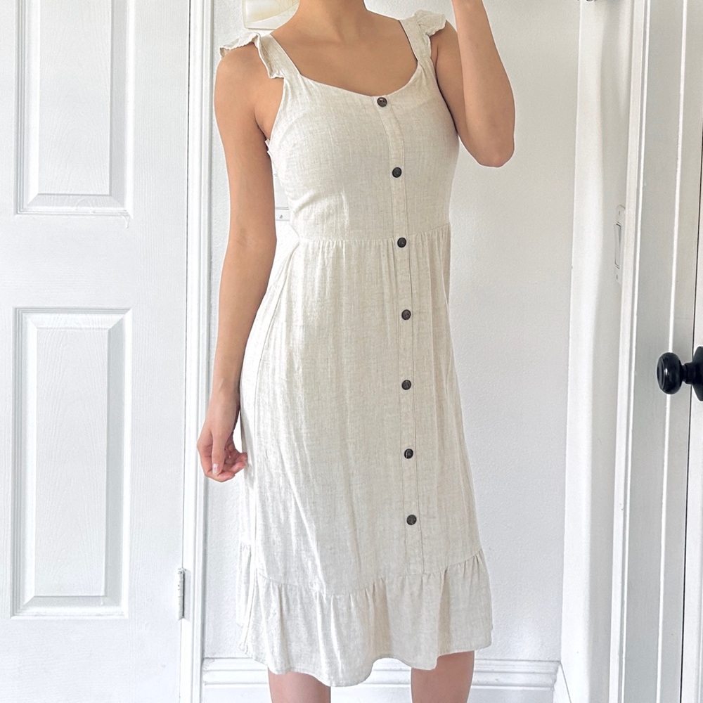 Monteau Beige Button Front Midi Dress Ruffle Cottagecore Cottage Core